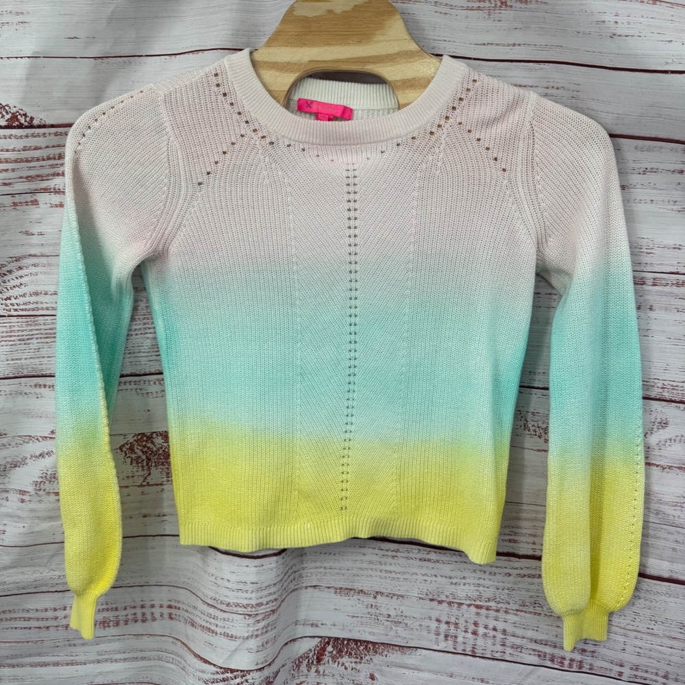 Lilly Pulitzer Sweater Crew Neck Size Medium Ombre Dip Dye Pink Aqua Yellow Knit